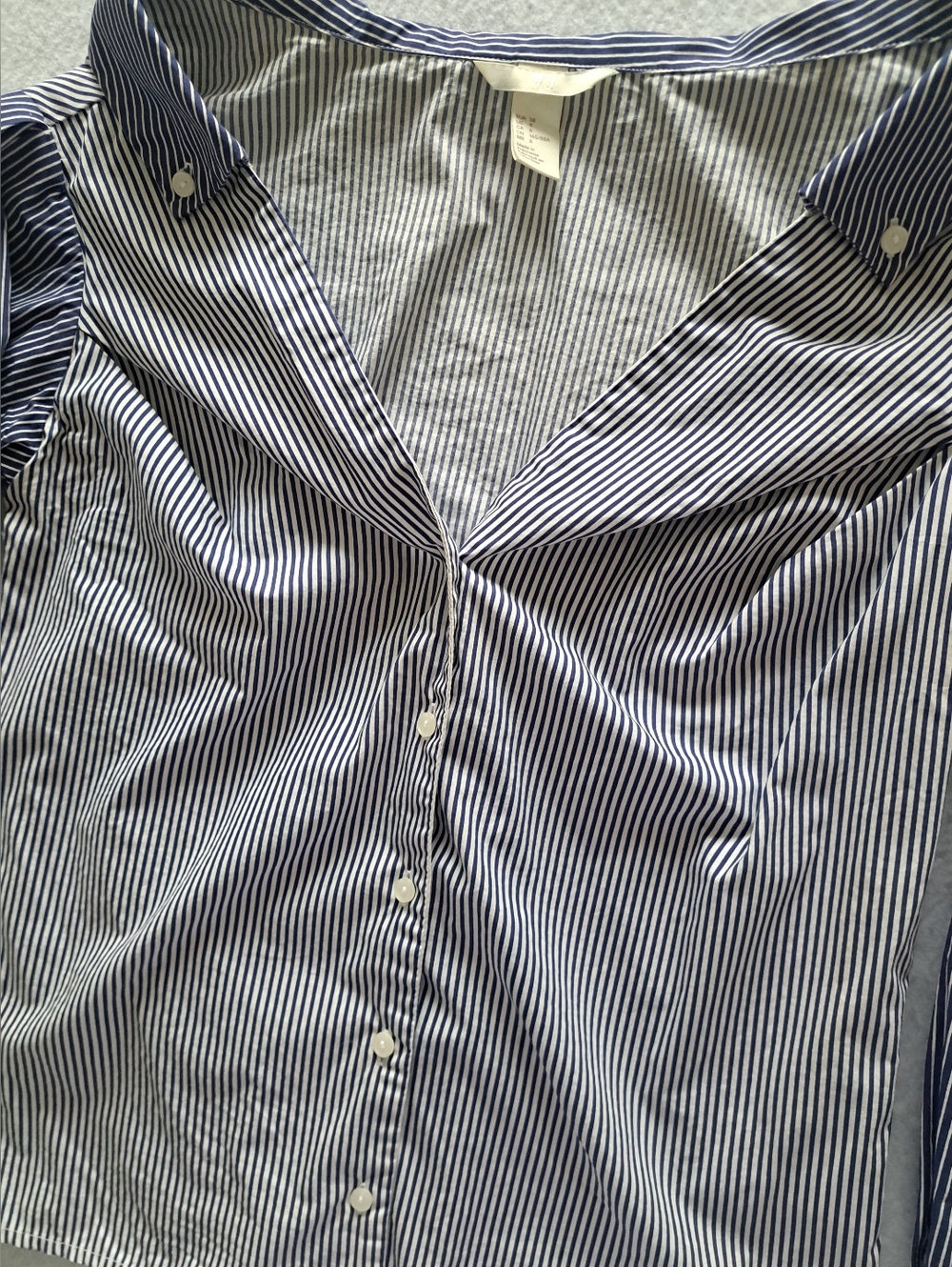 H&M 100% Cotton Navy Blue and White Striped Off-Shoulder Button-Down Shirt - Picture 4 of 14